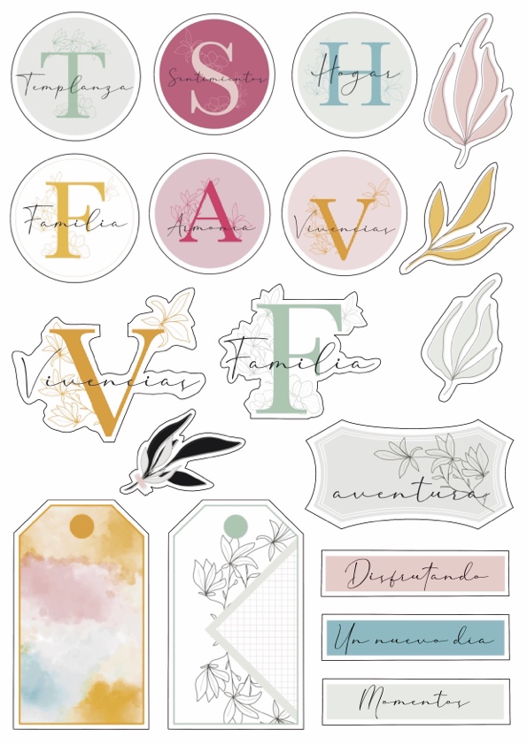 Autocolantes decorativos com letras, palavras e desenhos de folhas coloridas.