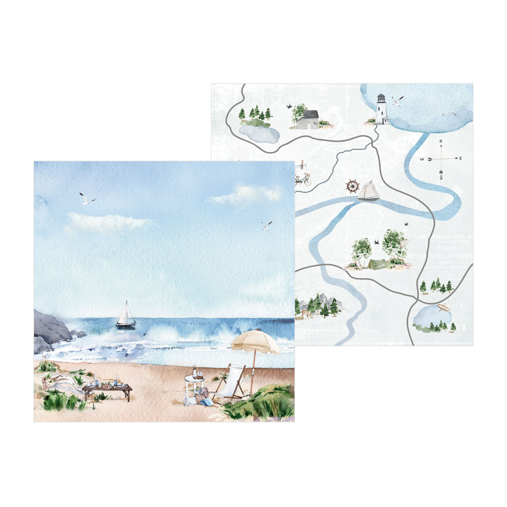 Quadros decorativos com paisagem de praia e mapa ilustrado em aguarela