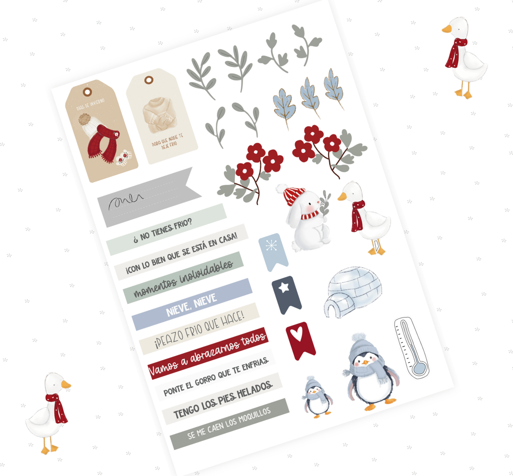 Adesivos decorativos de inverno com patos, pinguins, boneco de neve e etiquetas coloridas