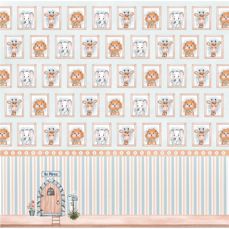 Papel de parede infantil com desenhos de animais em quadros e padrão listrado