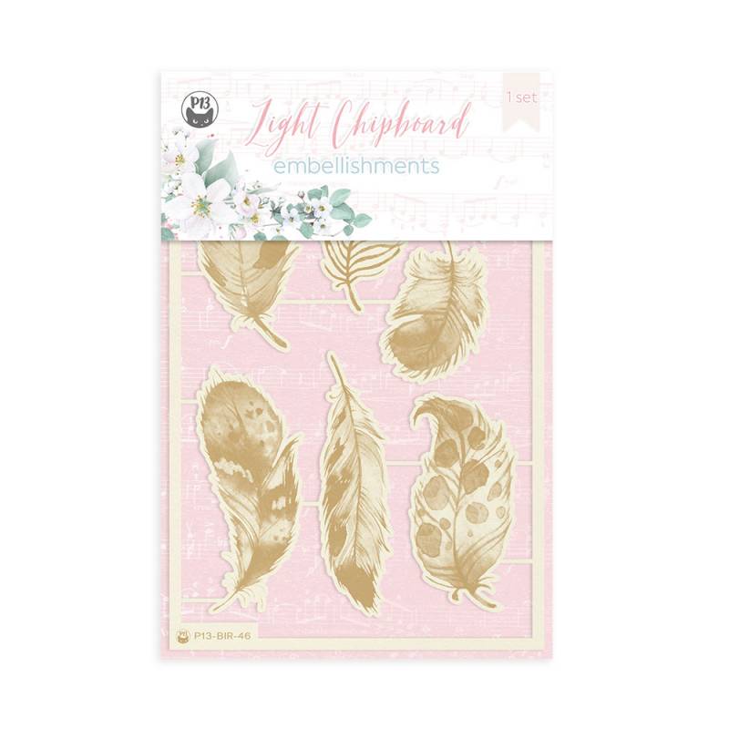 Conjunto de aplicações decorativas de chipboard com penas douradas e fundo rosa