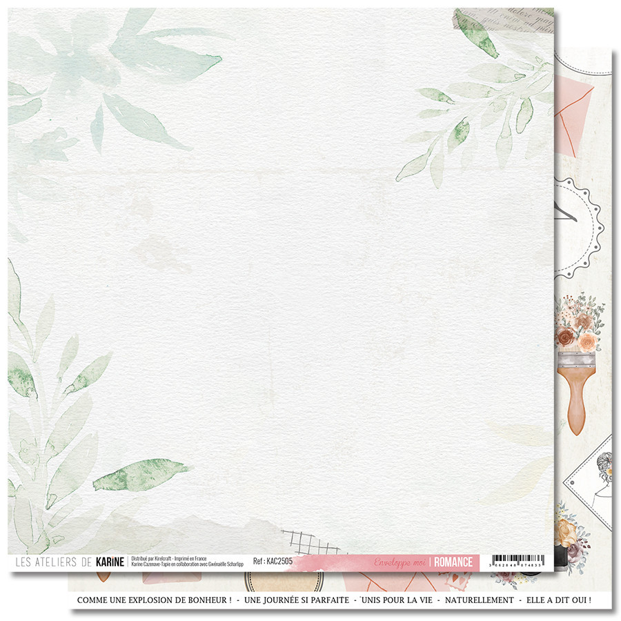 Papel decorativo scrapbooking com folhas verdes e fundo branco texturizado