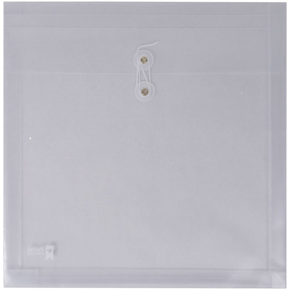 Envelope transparente quadrado com fecho de botão e cordão em plástico fosco