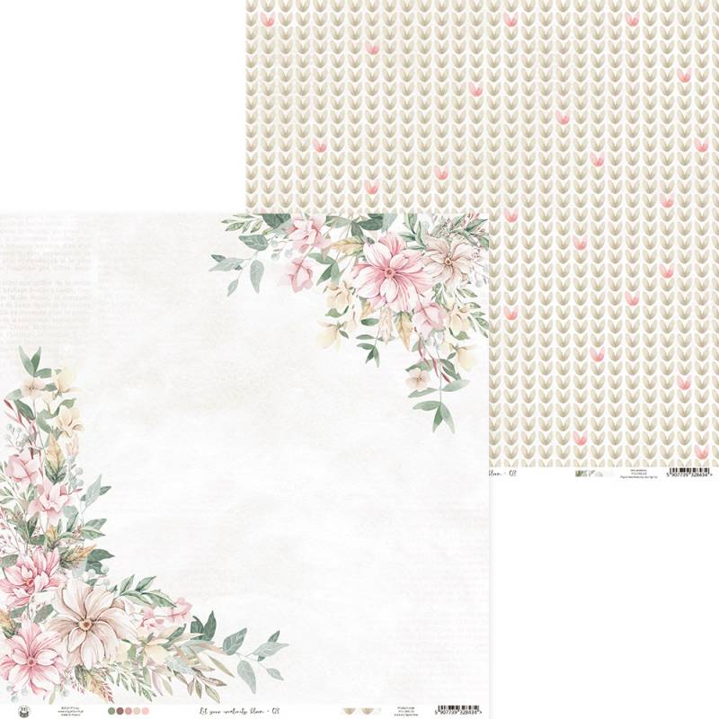 Papel decorativo floral em tons pastel com padrão reverso de folhas e corações