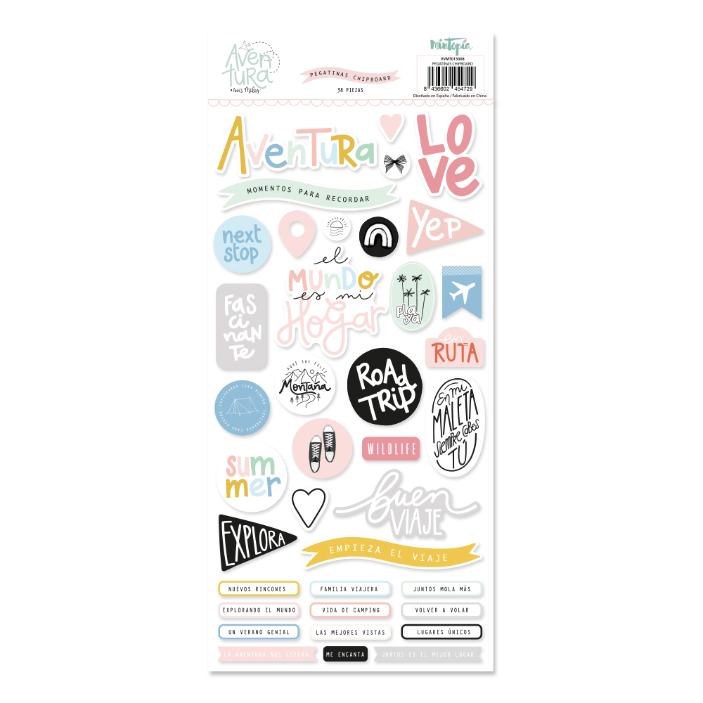 Folha de autocolantes de viagem coloridos com textos em português e inglês