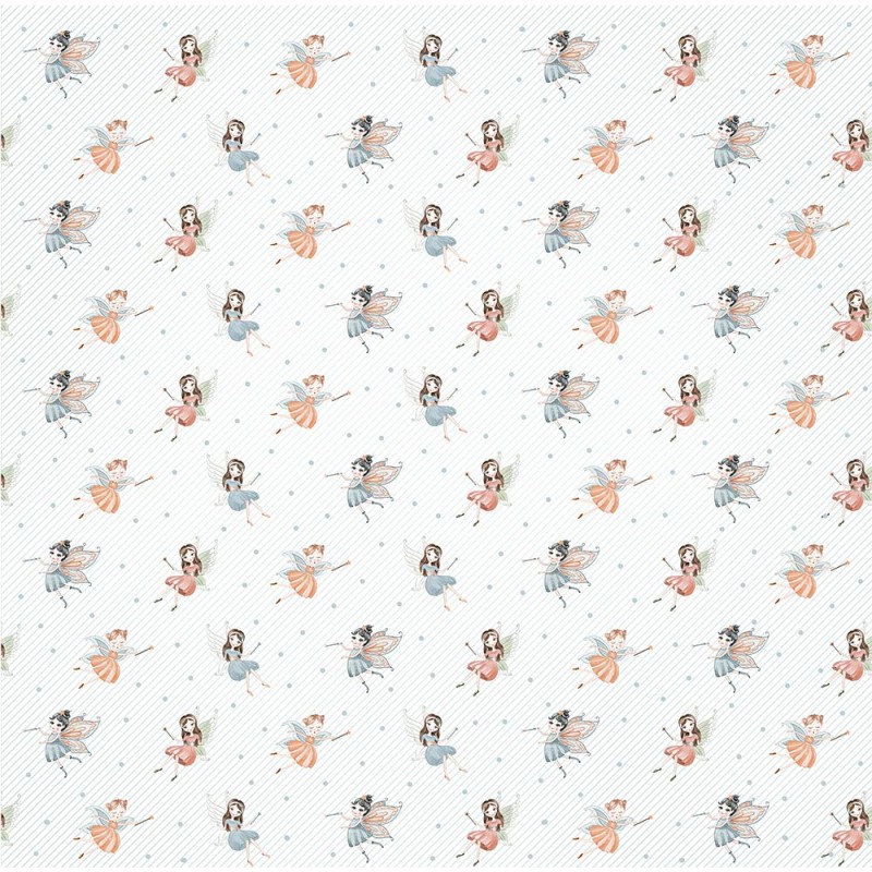 Tecido branco com padrão de fadas em tons pastel