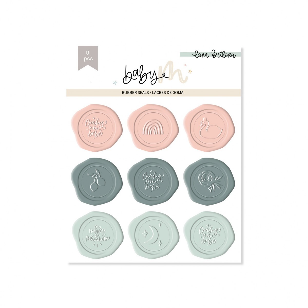 Conjunto de 8 lacres de goma coloridos com desenhos e texto em relevo