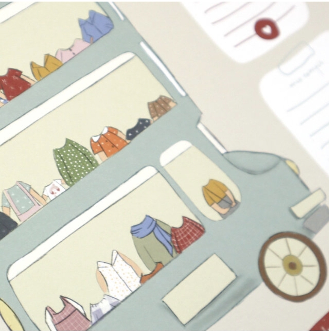 Ilustração de autocarro cheio de roupas coloridas desenhadas