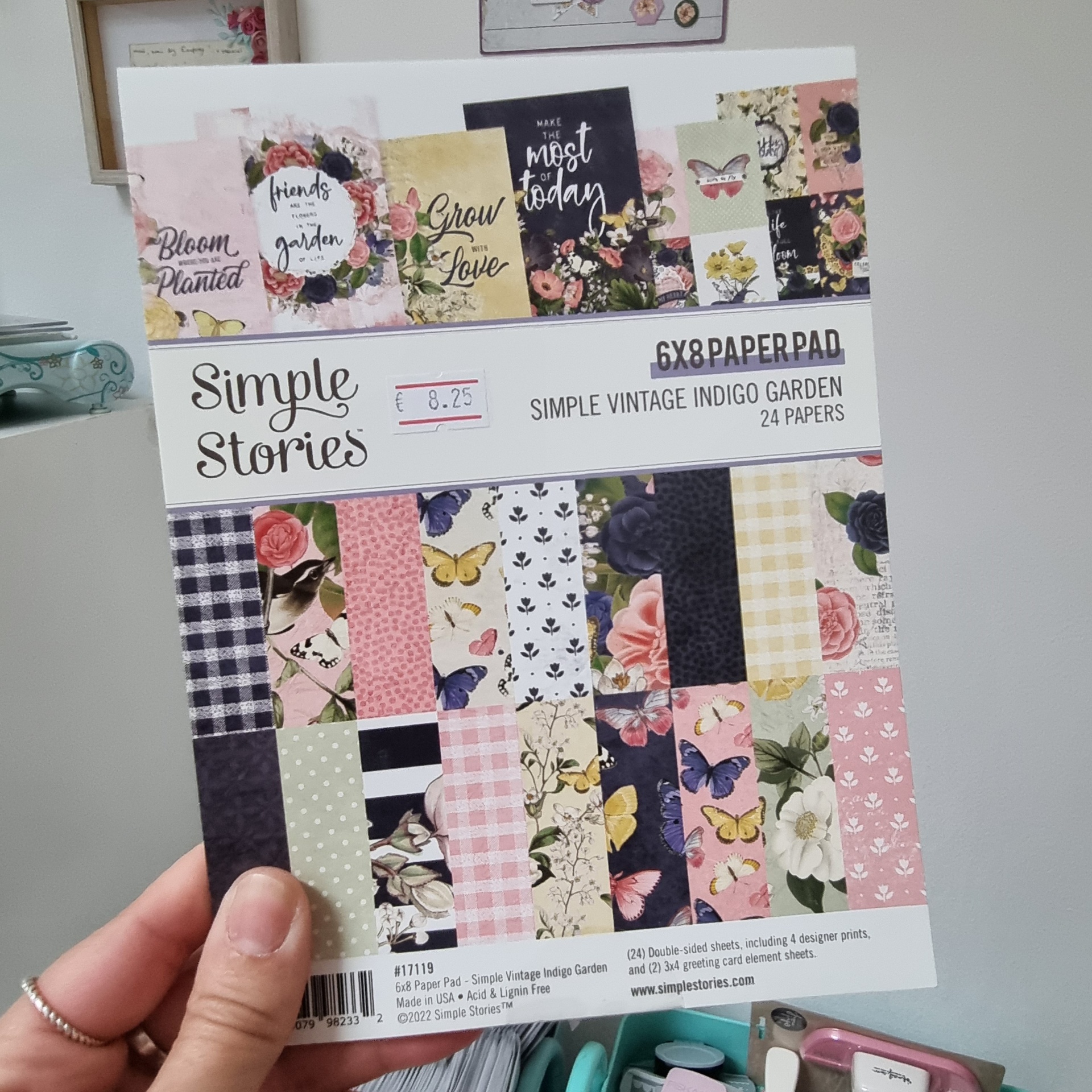 Bloco de papel 6x8 Simple Stories com folhas decorativas vintage florais e borboletas