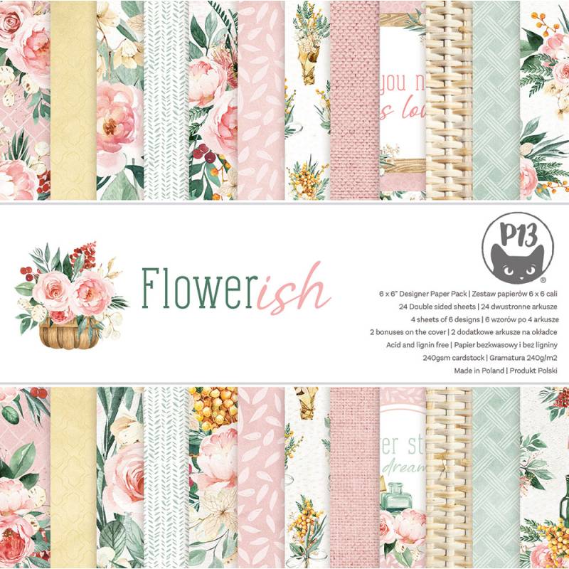 Conjunto de papéis decorativos para scrapbooking Flowerish da P13 com padrões florais e texturas em tons pastel.