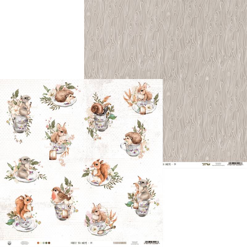 Papel decorativo com ilustrações de animais em chávenas e padrão de madeira cinzento.