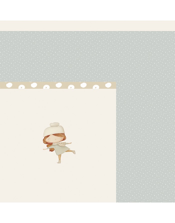 tecido estampado com menina a patinar e padrão de pontos brancos