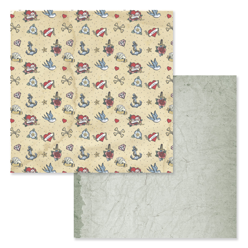 Folha de scrapbooking dupla face com padrão vintage de caveiras, âncoras e corações e lado cinza texturizado