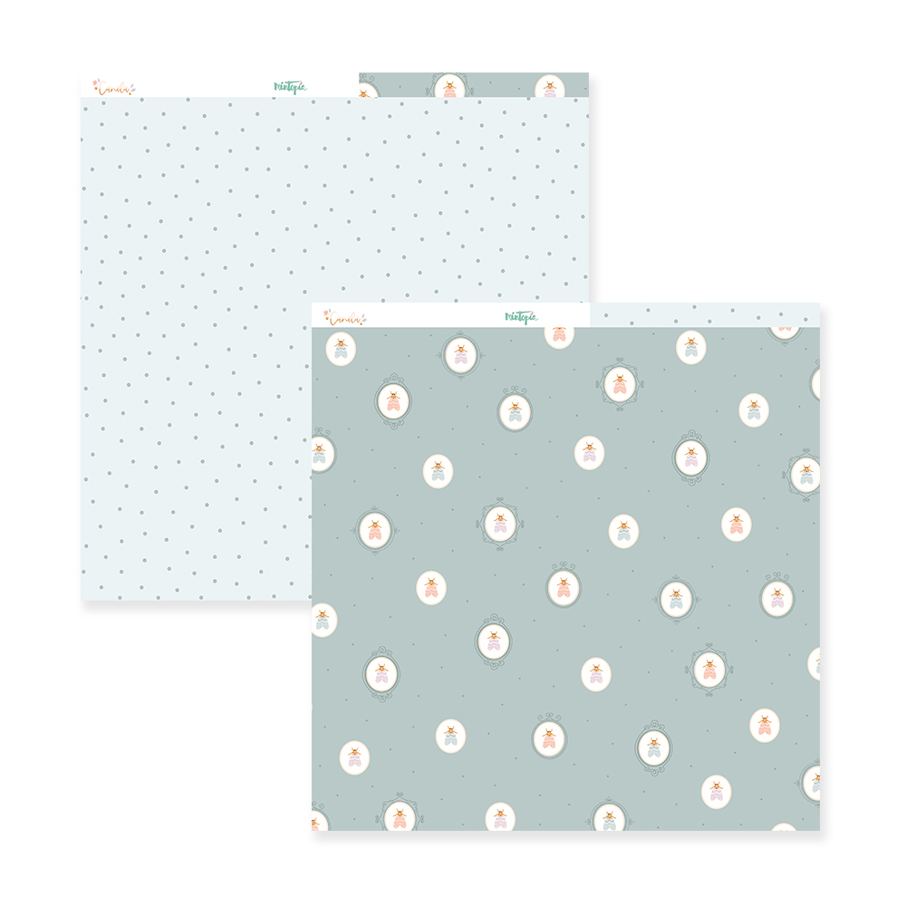 Papel de embrulho com padrões de ursinhos em círculos e pontos pretos sobre fundo azul e cinza