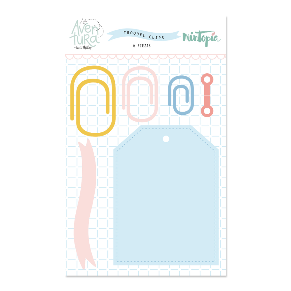 Conjunto de clips metálicos coloridos e etiqueta azul clara