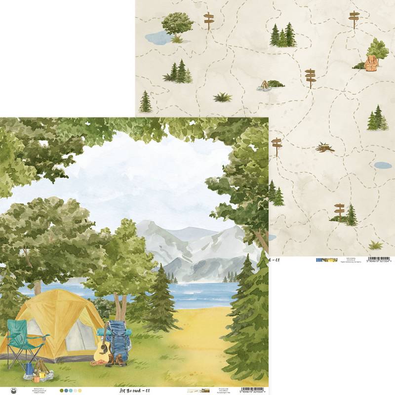 Papéis de parede ilustrados com temas de camping e natureza, tenda, árvores, montanhas e lago