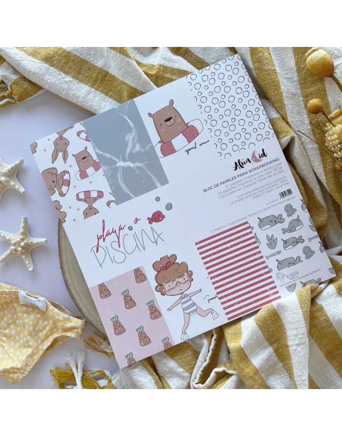 Bloco de papel para scrapbook com diferentes padrões e ilustrações divertidas relacionadas com praia e piscina.