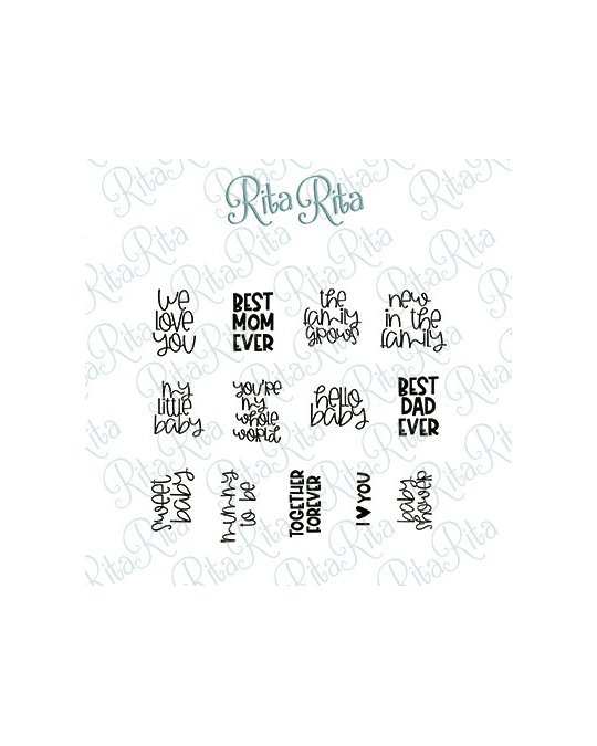 Carimbos com frases em inglês manuscritas sobre fundo branco com padrão 'Rita'