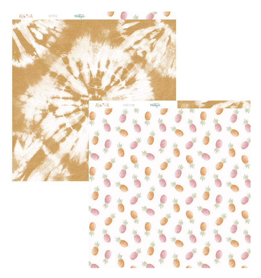 Dois tecidos quadrados com padrões tie-dye castanho e branco, e ananases coloridos em fundo branco.