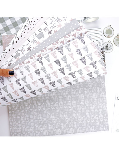 Folhas de papel decorativo para scrapbooking com padrões variados em tons cinza, branco e rosa