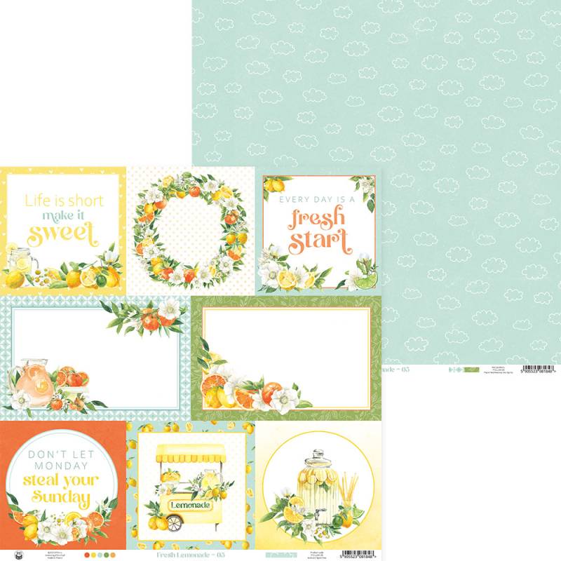 Folhas decorativas para scrapbook com padrões de limões, flores e frases motivacionais em cores amarelo, verde e azul