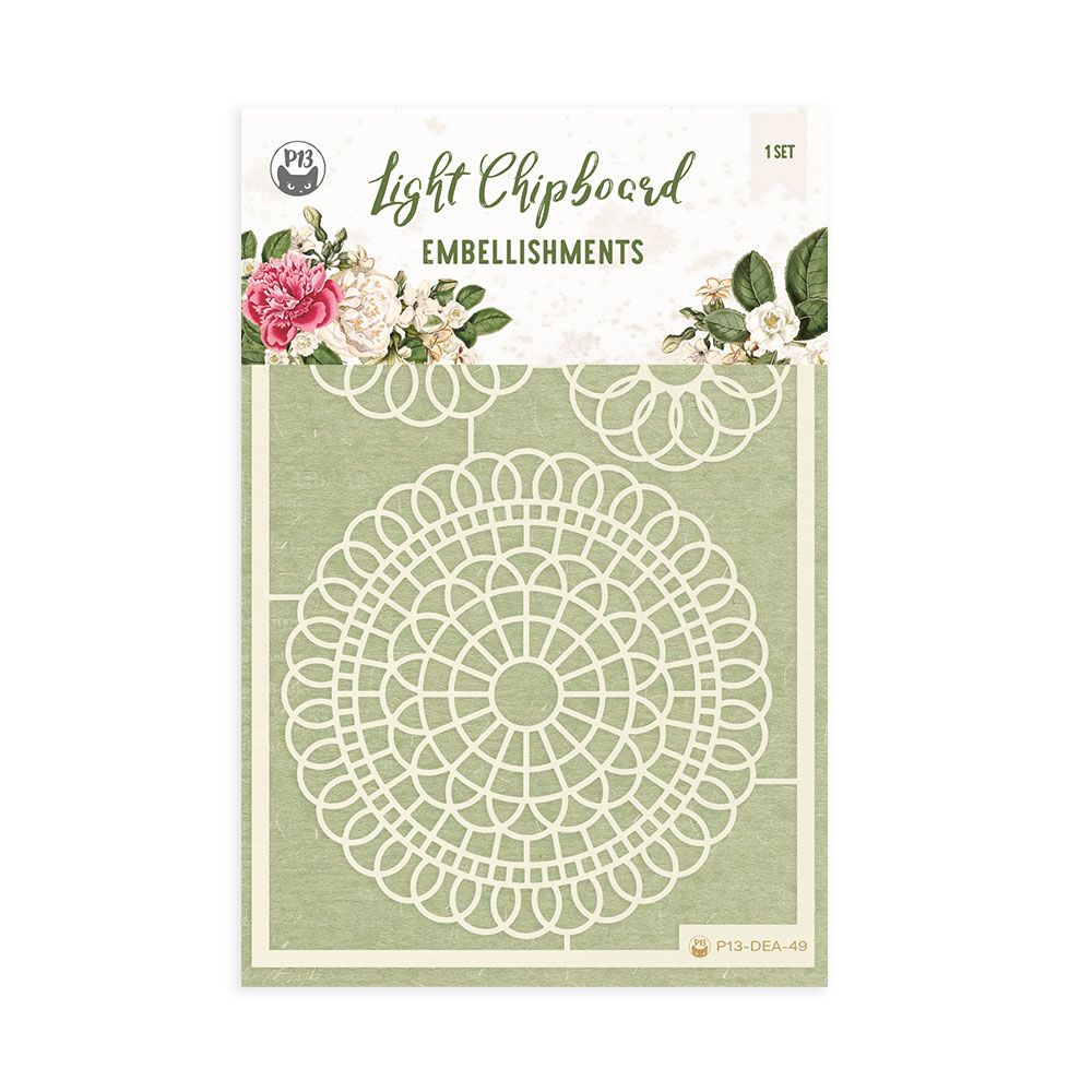 Embalagem de adereços de chipboard claro com padrão circular e design floral
