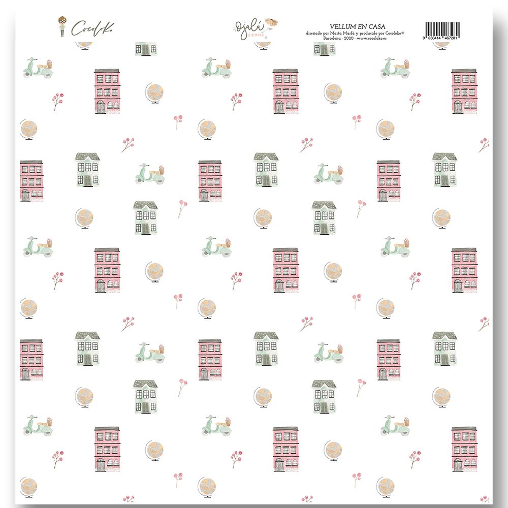 Papel decorativo com padrão de casas e scooters tons pastel