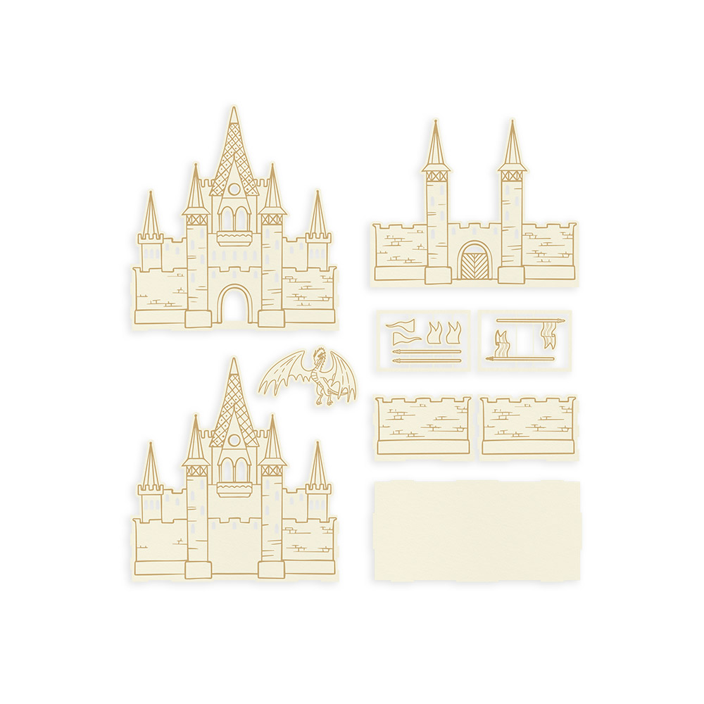 recortes de madeira claros para montar castelo com dragão e muros