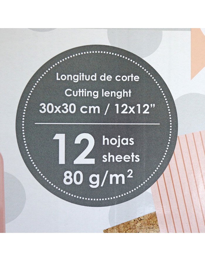 Etiqueta com informações de corte e quantidade de folhas em fundo cinza com detalhes coloridos