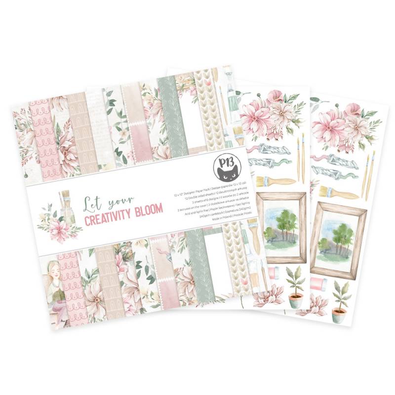 Conjunto de papel decorativo floral com texto Let your CREATIVITY BLOOM