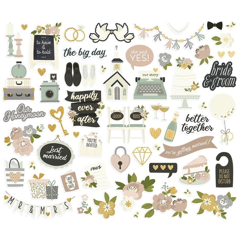 Conjunto de autocolantes de casamento com ilustrações e textos relacionados a casamento em cores pastel