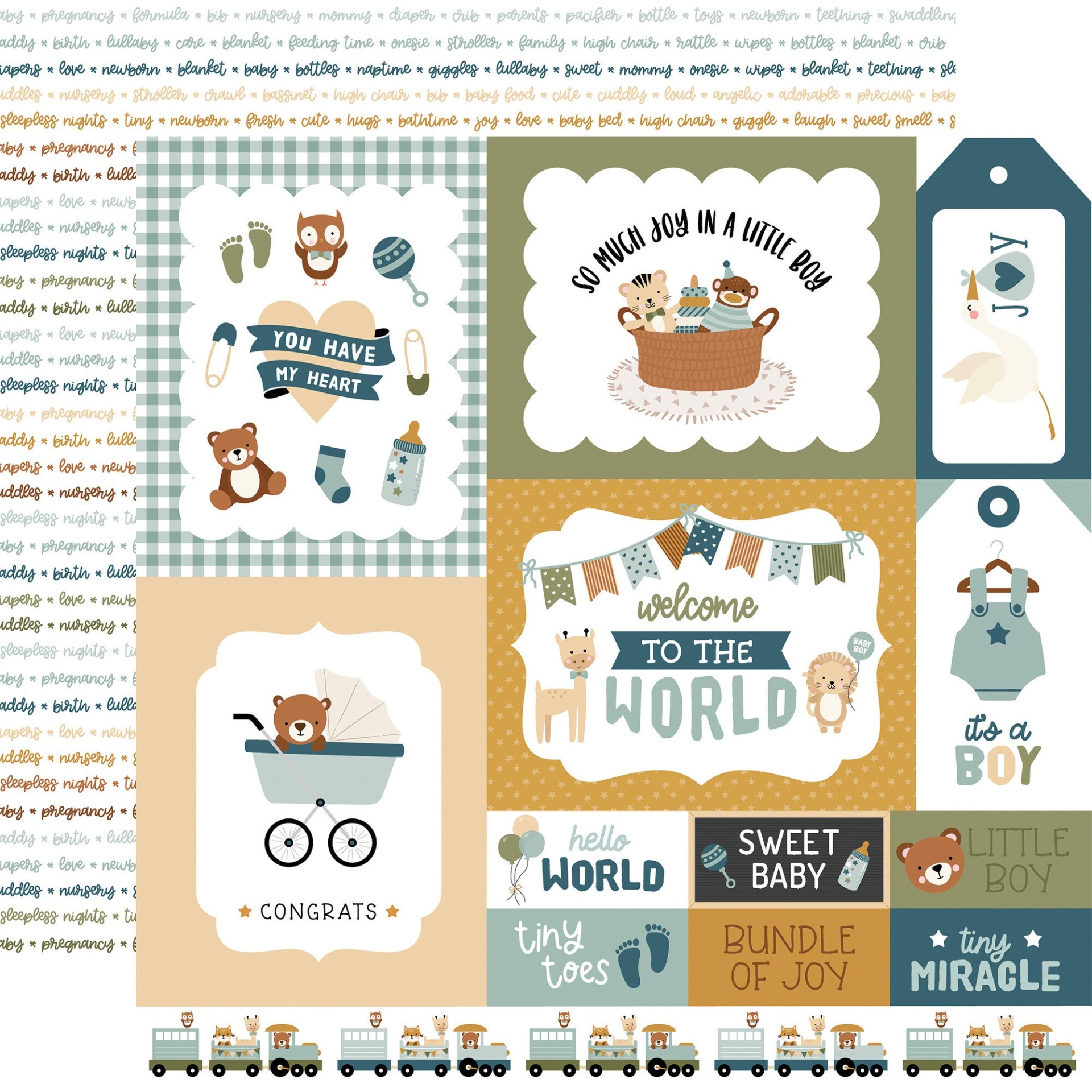 Desenhos decorativos em azul, verde, bege e castanho com temas de bebé e textos em inglês