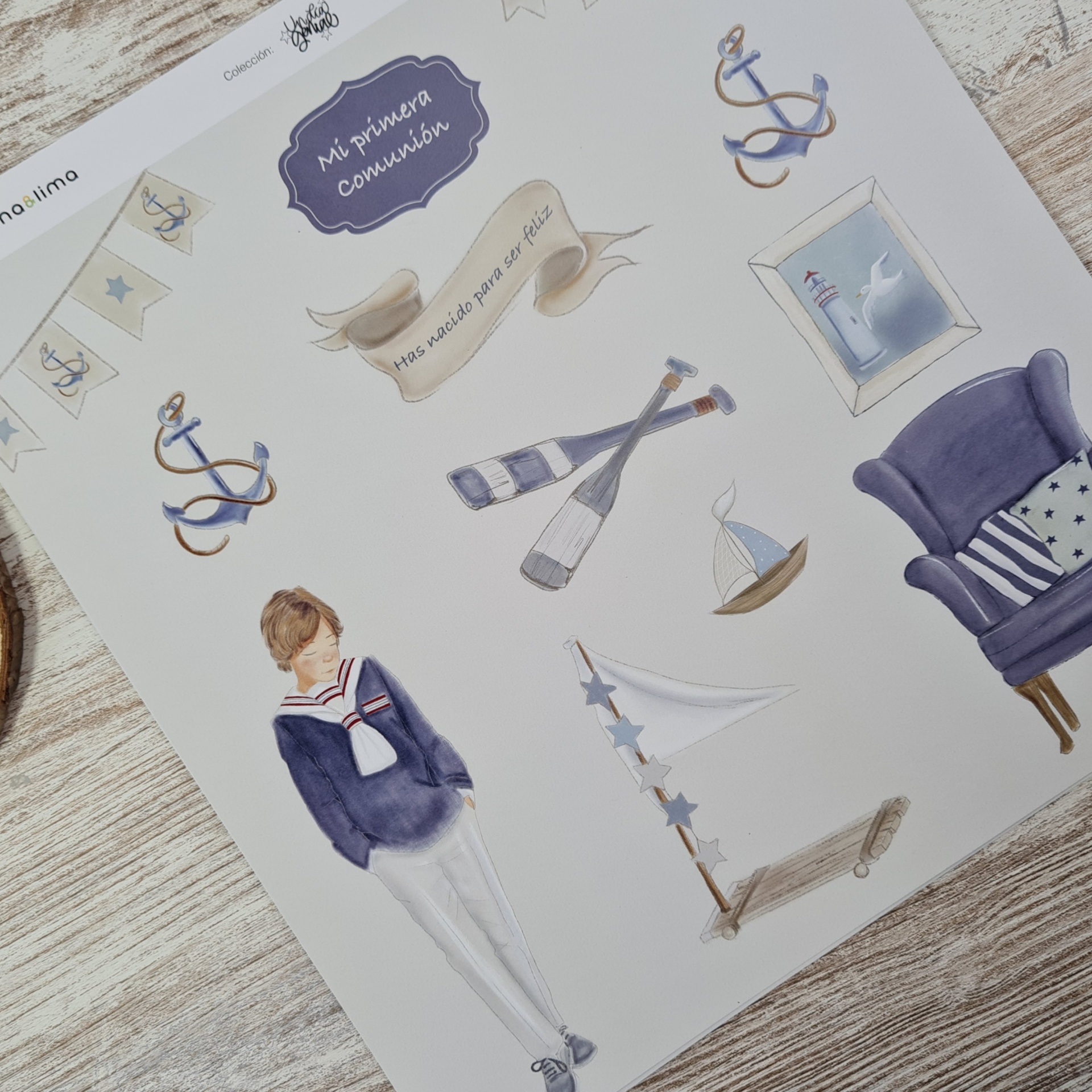 Folha branca com ilustrações náuticas em azul e bege, menino e textos em espanhol