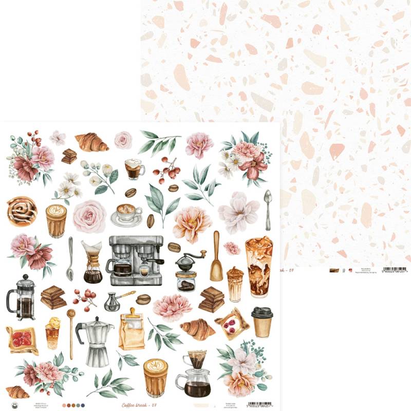 Folha dupla com ilustrações de café, flores e utensílios em estilo aquarela