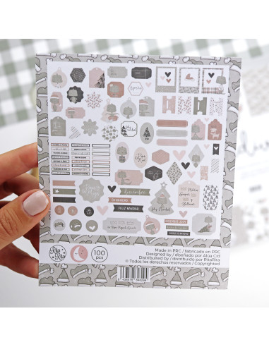 Folha de autocolantes decorativos de Natal em tons pastel com textos e desenhos natalícios