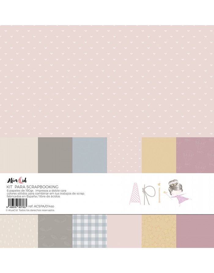 Kit scrapbooking com 6 papéis de cores sólidas e padrões variados em tons neutros e rosa