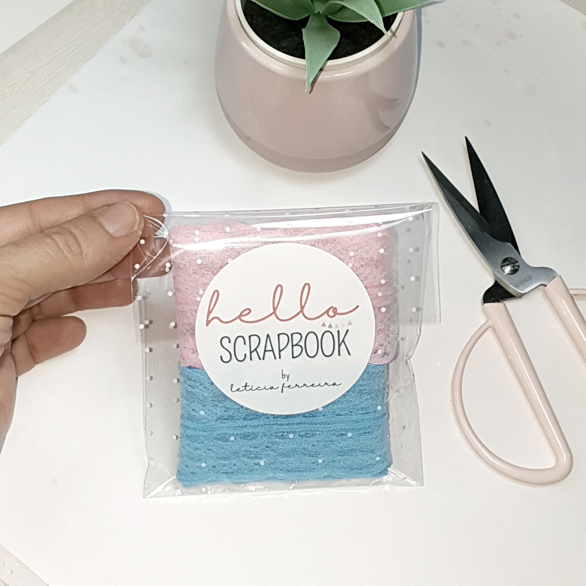 Pacote transparente com fio azul e rosa e etiqueta 'hello SCRAPBOOK' com tesoura e planta