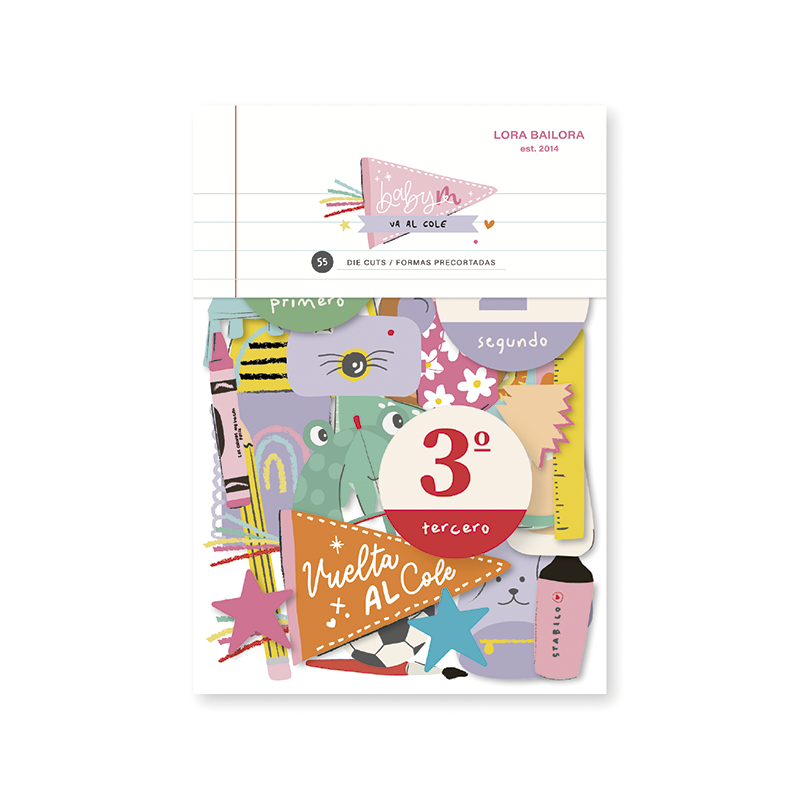 caderno escolar colorido com ilustrações de material de escola e textos em espanhol