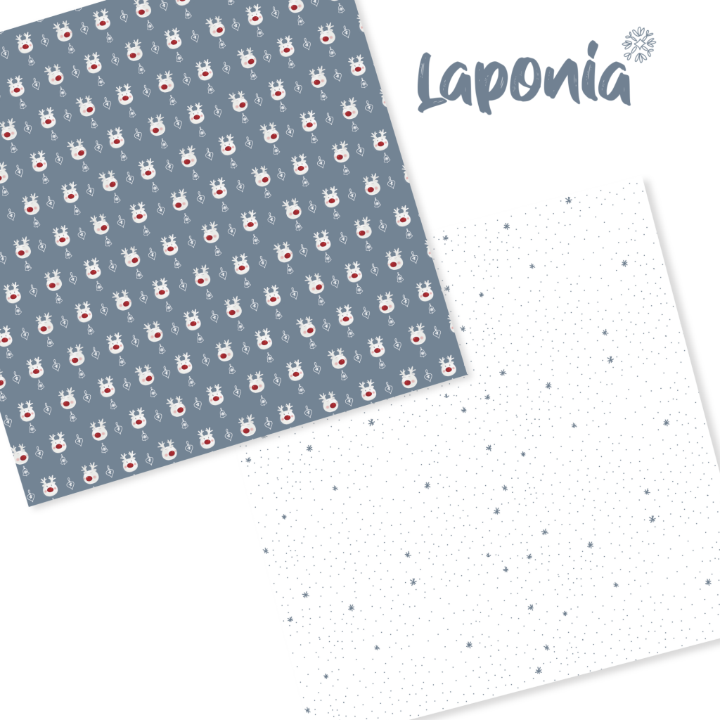 Folhas de papel decorativo com padrões de renas e flocos de neve