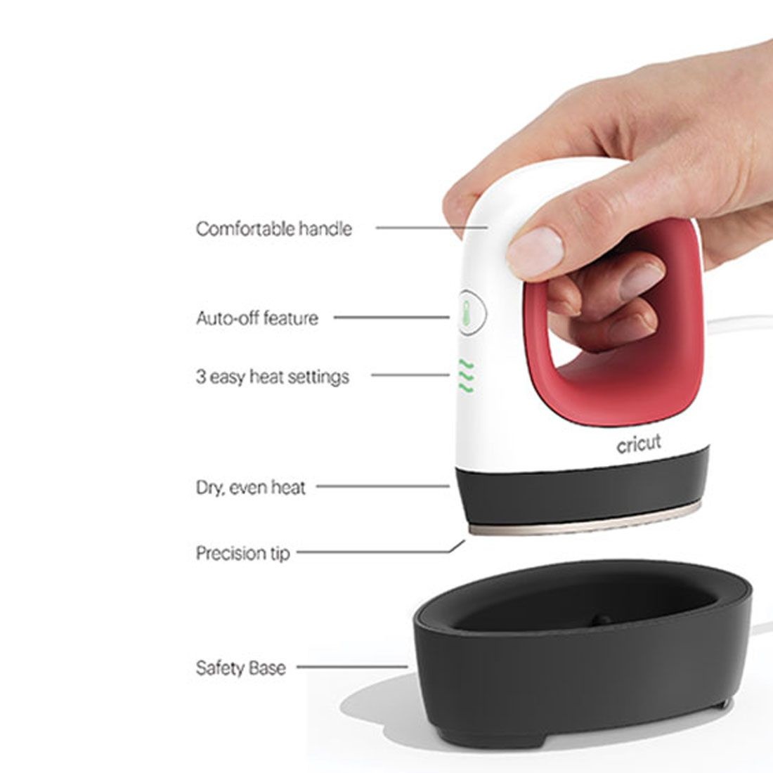 Mini ferro de passar branco e vermelho com base preta e texto descritivo