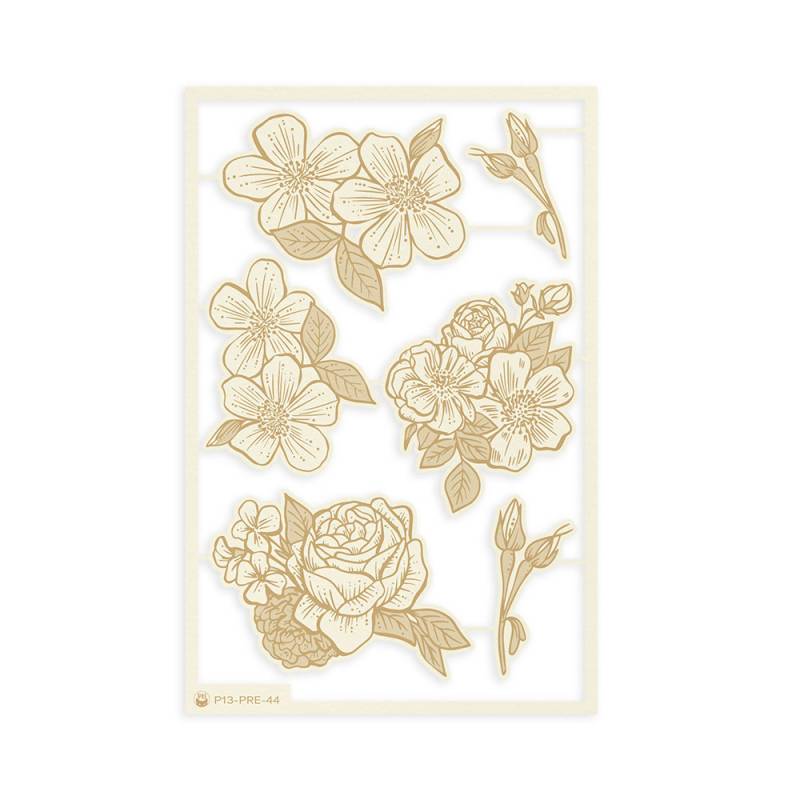 Autocolantes florais dourados e bege sobre fundo branco