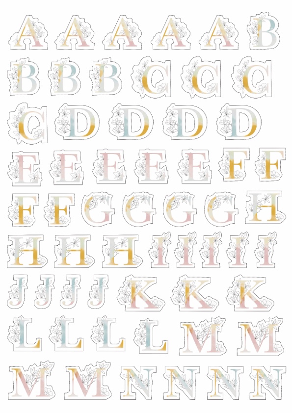 Letras decorativas do alfabeto com padrão floral em cores suaves