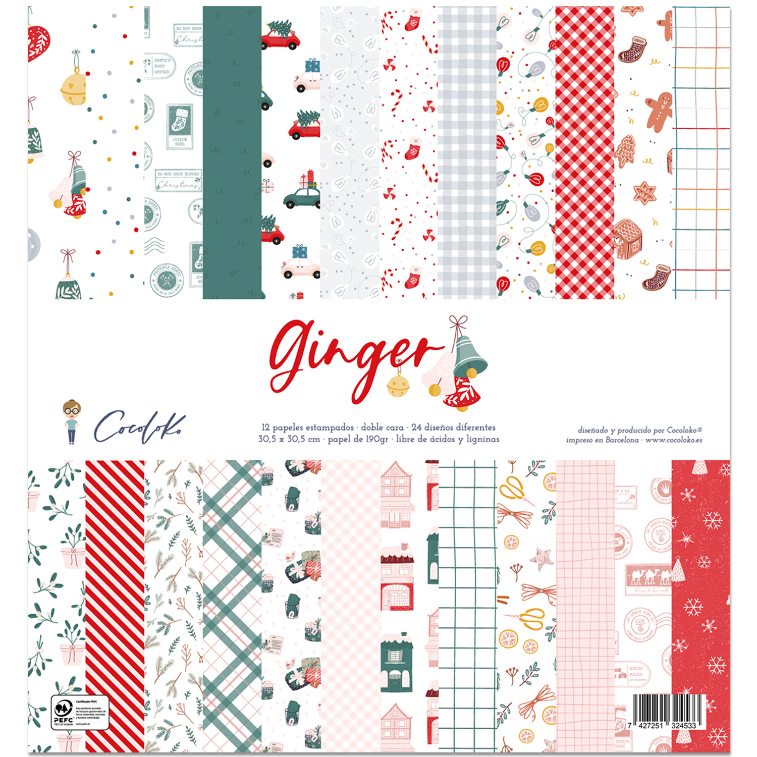 Folhas de papel estampado Ginger da Cookiek com padrões natalícios e motivos festivos em várias cores.