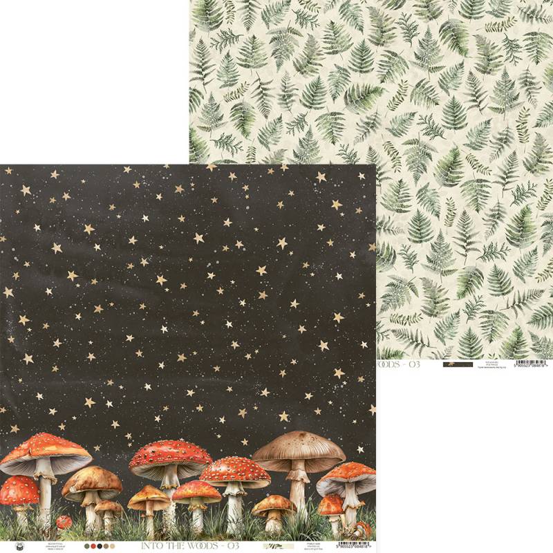 Dois padrões de papel decorativo, folhas verdes e fundo bege, estrelas douradas com cogumelos e fundo preto.