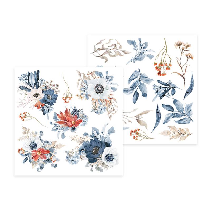 Folhas com ilustrações florais em aquarela azul, vermelho e bege