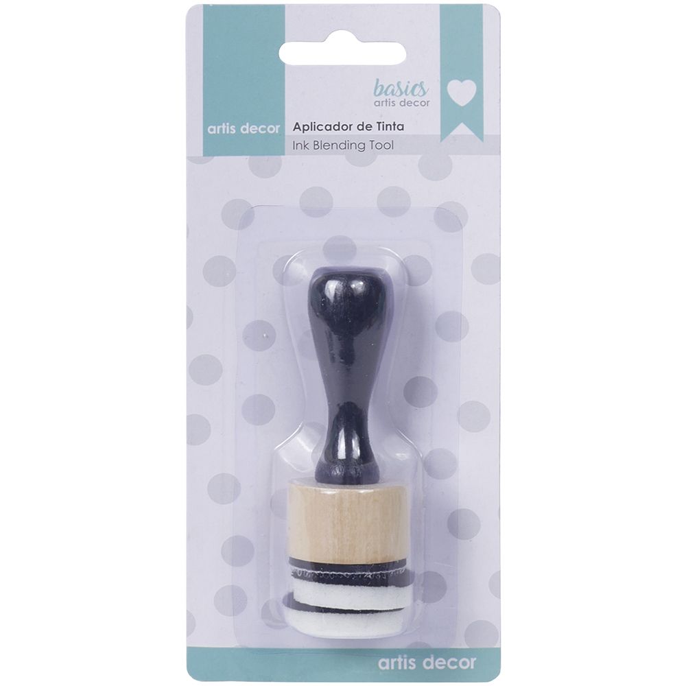 Aplicador de tinta com cabo de madeira e base de esponja embalada em cartão com design branco e azul