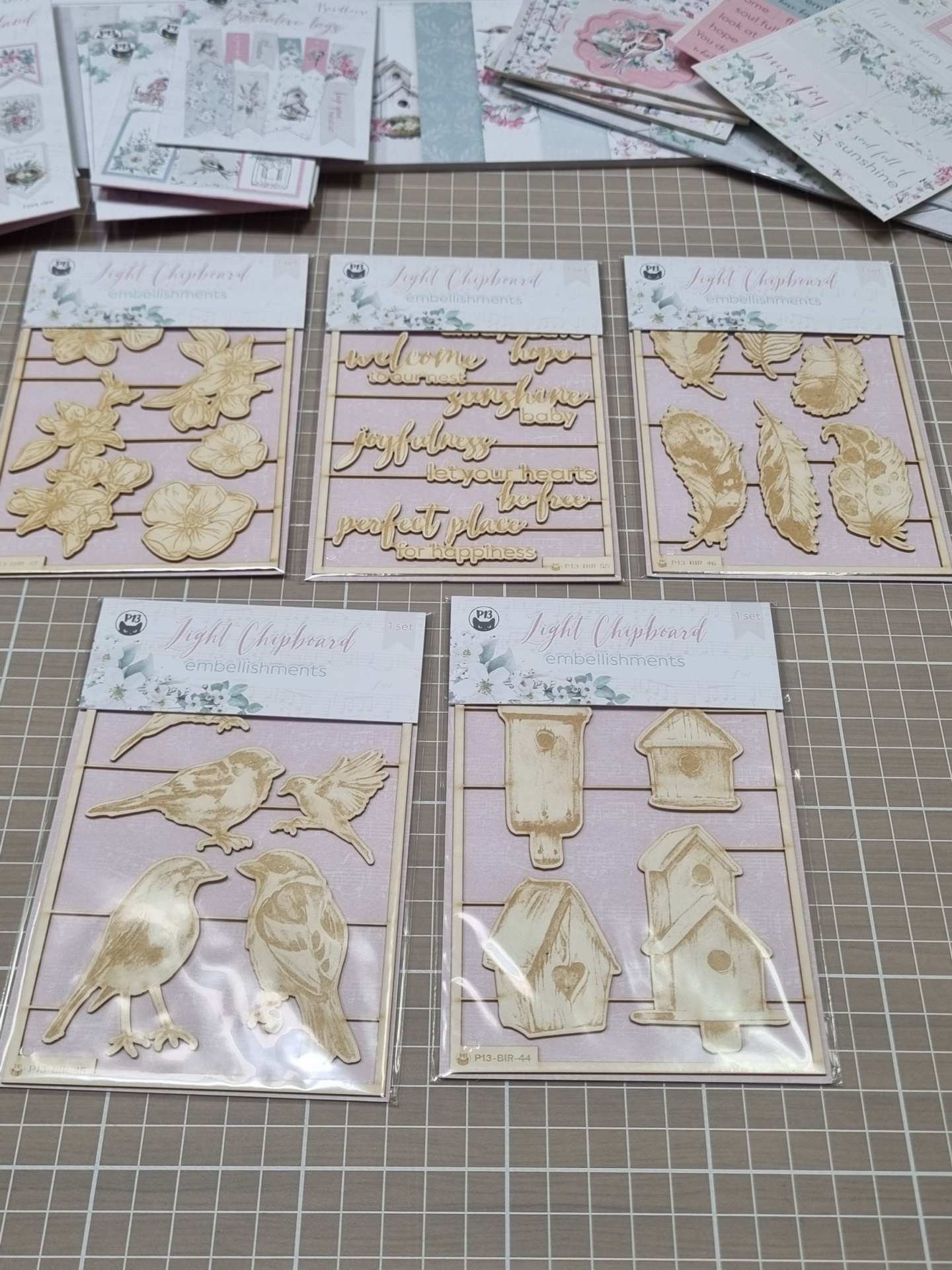 Conjunto de decorações em chipboard claro com temas naturais