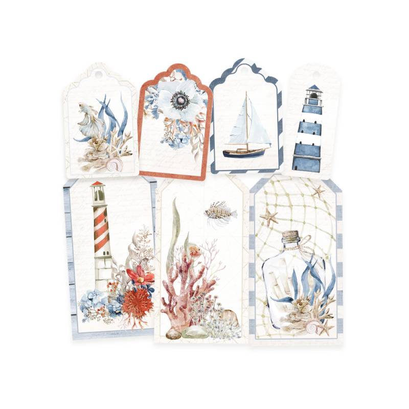 Etiquetas decorativas com motivos marítimos em azul, branco, vermelho e bege