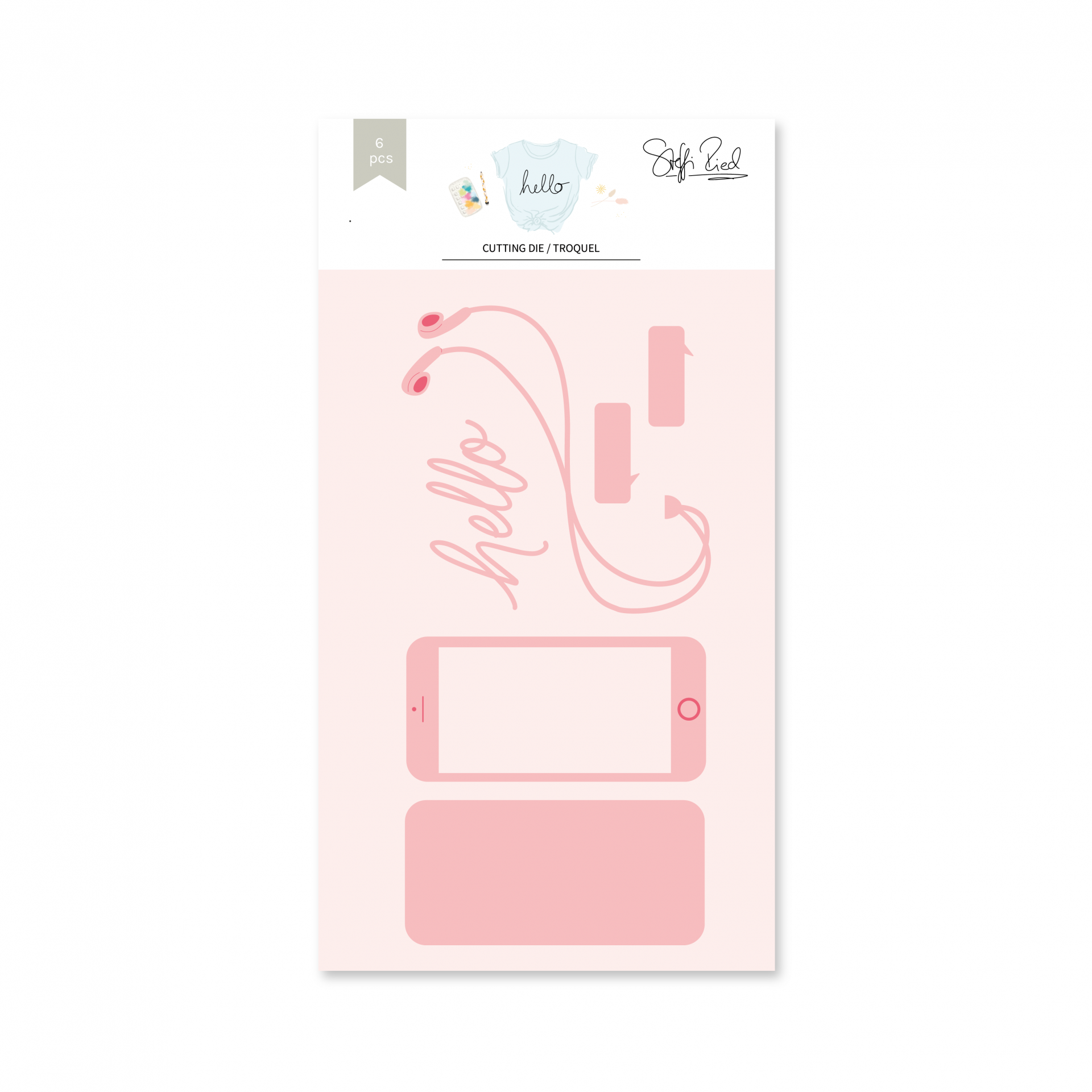 Conjunto de autocolantes rosas com desenhos de auriculares, telemóvel, conta-gotas e palavra 'hello'