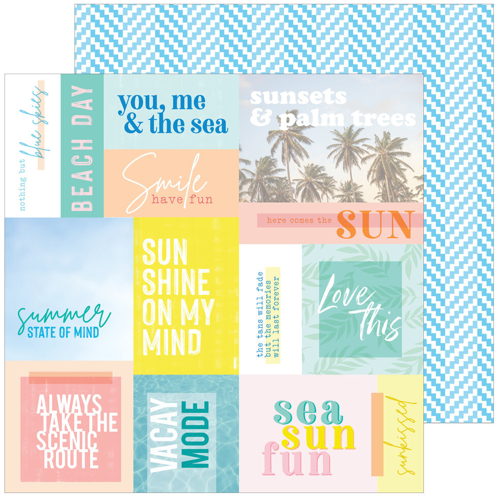 Papel decorativo para scrapbooking com padrão azul e frases em inglês coloridas